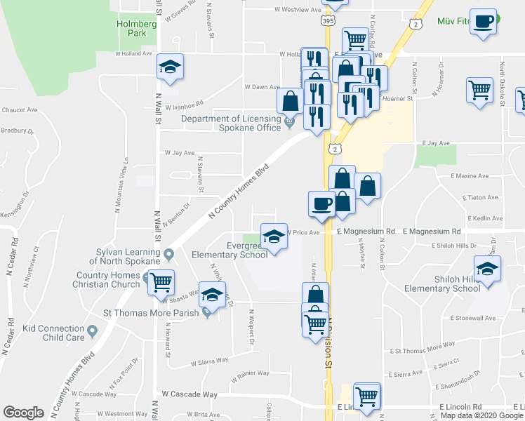 map of restaurants, bars, coffee shops, grocery stores, and more near 226 West Kedlin Court in Spokane
