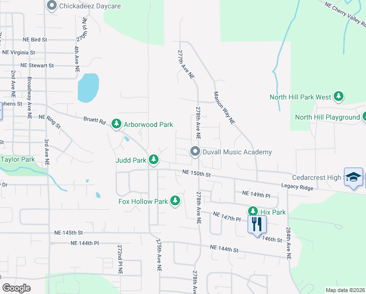 map of restaurants, bars, coffee shops, grocery stores, and more near 15128 276th Place Northeast in Duvall