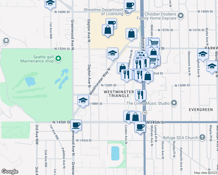 map of restaurants, bars, coffee shops, grocery stores, and more near 709 North 150th Street in Shoreline