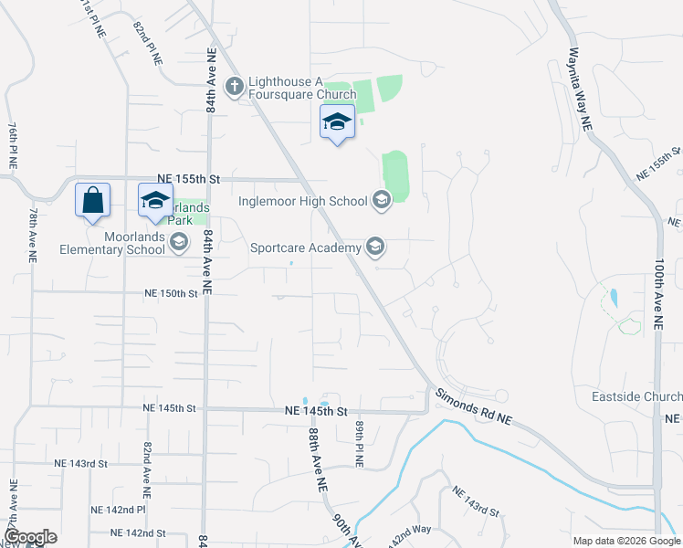 map of restaurants, bars, coffee shops, grocery stores, and more near 8823 Northeast 152nd Street in Bothell