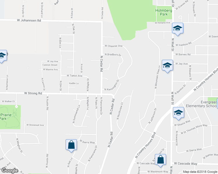 map of restaurants, bars, coffee shops, grocery stores, and more near 8711 North Kensington Drive in Spokane