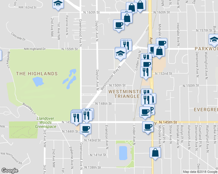 map of restaurants, bars, coffee shops, grocery stores, and more near 603 North 150th Street in Shoreline