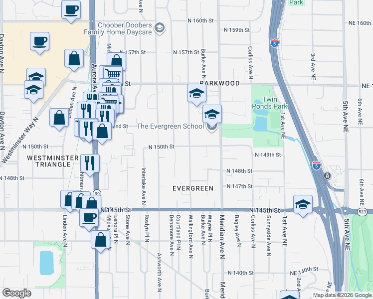 map of restaurants, bars, coffee shops, grocery stores, and more near 14861 Wallingford Avenue North in Shoreline