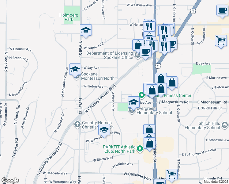 map of restaurants, bars, coffee shops, grocery stores, and more near 8812 North Weipert Drive in Spokane