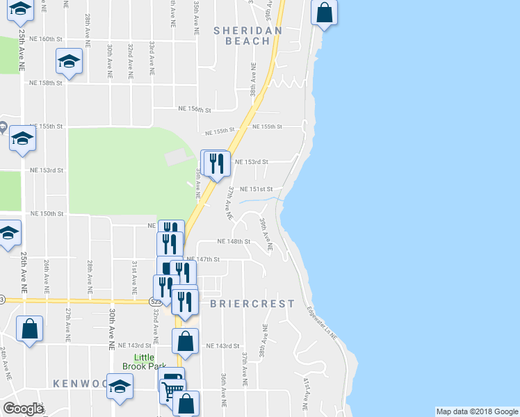 map of restaurants, bars, coffee shops, grocery stores, and more near 3808 Northeast 150th Street in Lake Forest Park