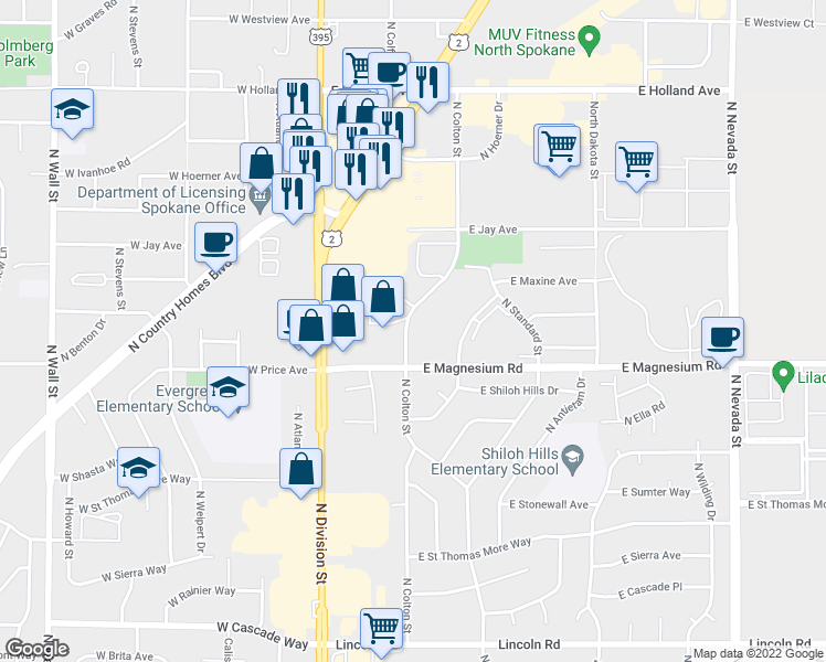 map of restaurants, bars, coffee shops, grocery stores, and more near 8732 North Colton Street in Spokane