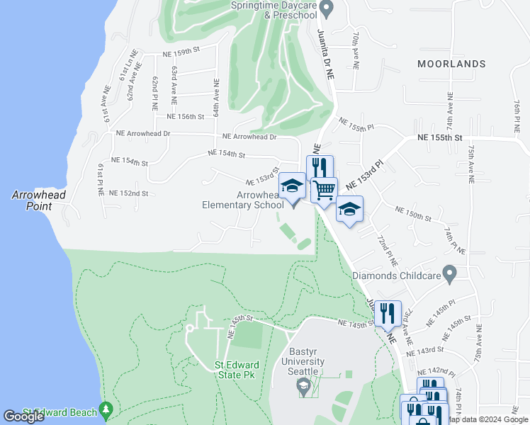 map of restaurants, bars, coffee shops, grocery stores, and more near 6625 Northeast 151st Street in Kenmore