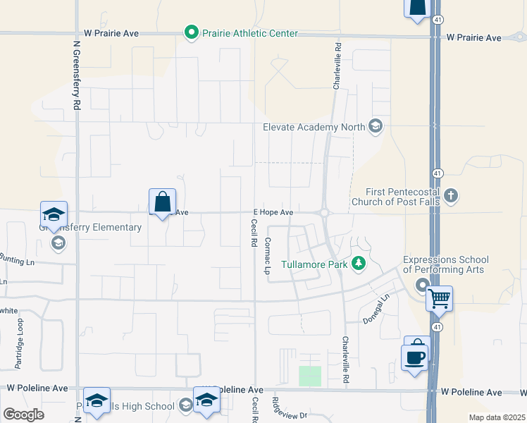 map of restaurants, bars, coffee shops, grocery stores, and more near 3247 East Hope Avenue in Post Falls