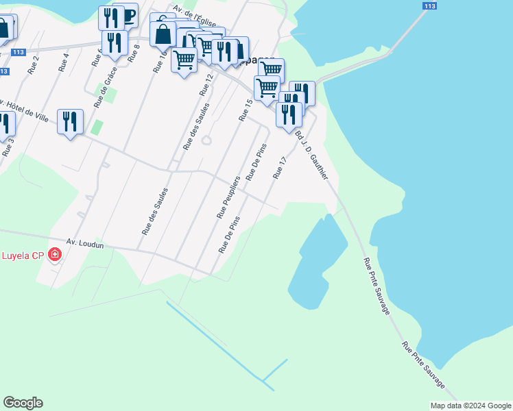 map of restaurants, bars, coffee shops, grocery stores, and more near 283 Avenue Hôtel de Ville in Shippagan