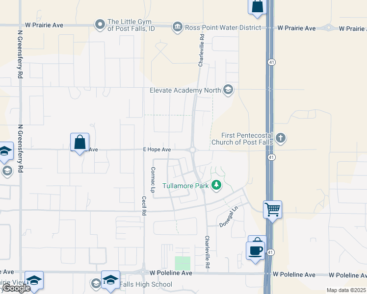 map of restaurants, bars, coffee shops, grocery stores, and more near 3737 Charleville Road in Post Falls