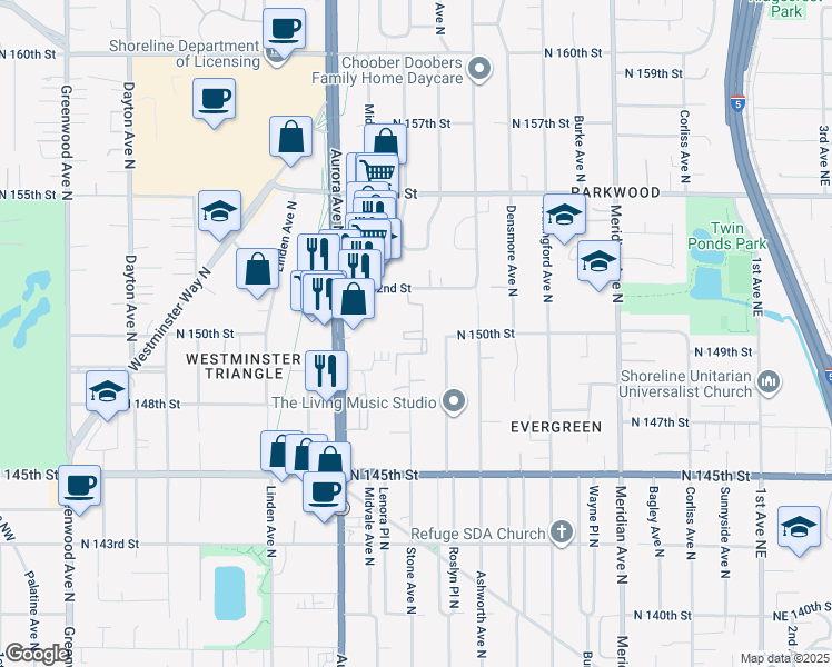map of restaurants, bars, coffee shops, grocery stores, and more near 15110 Stone Lane North in Shoreline
