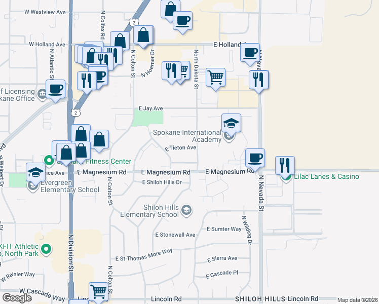 map of restaurants, bars, coffee shops, grocery stores, and more near 517 East Kedlin Avenue in Spokane