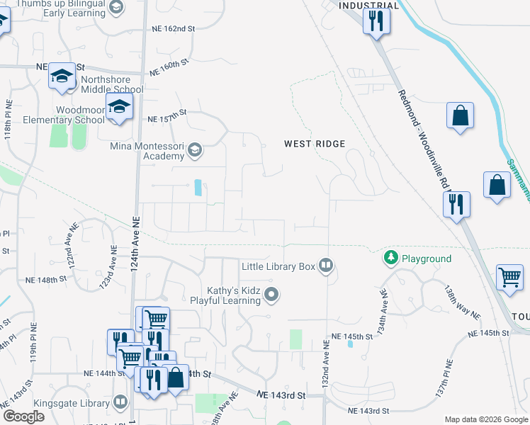 map of restaurants, bars, coffee shops, grocery stores, and more near 12918 Northeast 151st Street in Woodinville