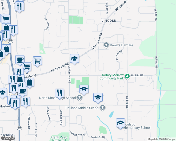 map of restaurants, bars, coffee shops, grocery stores, and more near 1754 Northeast Mesford Road in Poulsbo