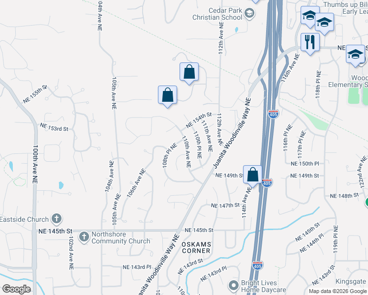 map of restaurants, bars, coffee shops, grocery stores, and more near 15027 110th Avenue Northeast in Bothell