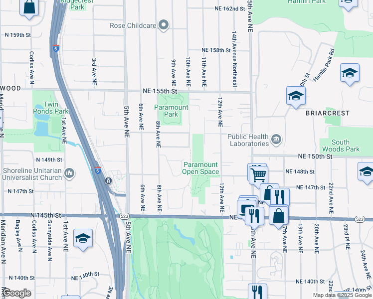 map of restaurants, bars, coffee shops, grocery stores, and more near 928 Northeast 150th Street in Shoreline