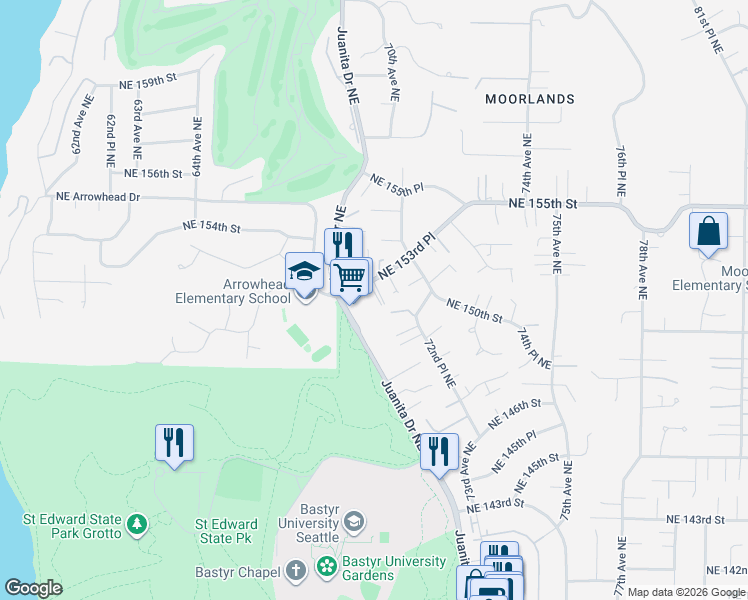 map of restaurants, bars, coffee shops, grocery stores, and more near 7118 Northeast 149th Court in Kenmore