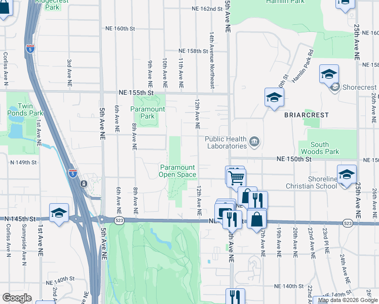 map of restaurants, bars, coffee shops, grocery stores, and more near 1116 Northeast 150th Court in Shoreline