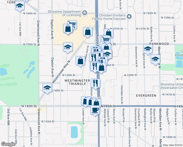 map of restaurants, bars, coffee shops, grocery stores, and more near 14927 Aurora Avenue North in Shoreline