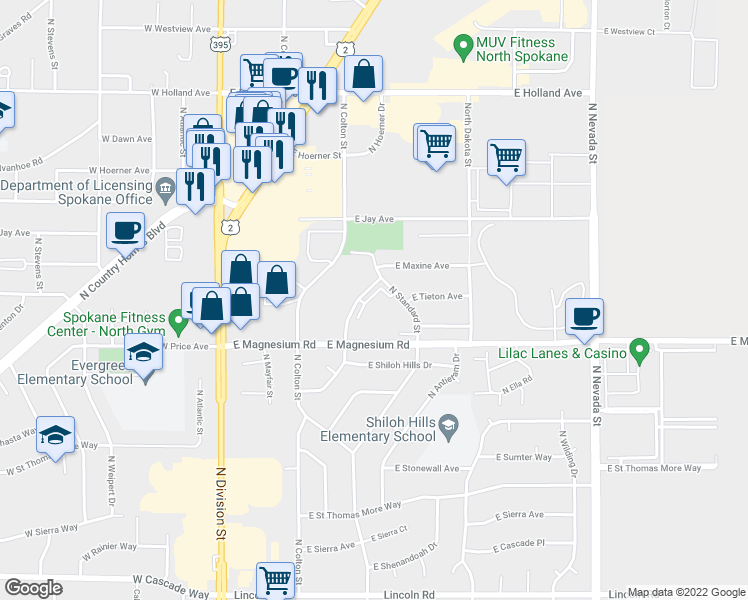 map of restaurants, bars, coffee shops, grocery stores, and more near 4 North Hill N Dale Street in Spokane