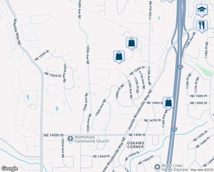 map of restaurants, bars, coffee shops, grocery stores, and more near 10554 Northeast 150th Court in Bothell