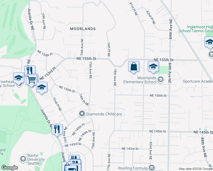 map of restaurants, bars, coffee shops, grocery stores, and more near 7725 Northeast 151st Lane in Kenmore