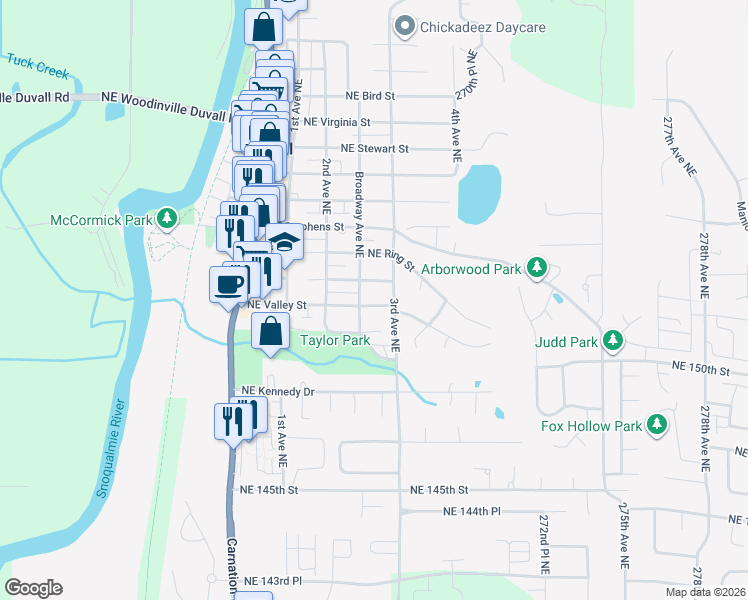 map of restaurants, bars, coffee shops, grocery stores, and more near 15128 Broadway Avenue Northeast in Duvall