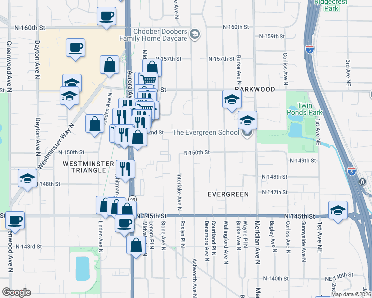 map of restaurants, bars, coffee shops, grocery stores, and more near 14855 Ashworth Avenue North in Shoreline