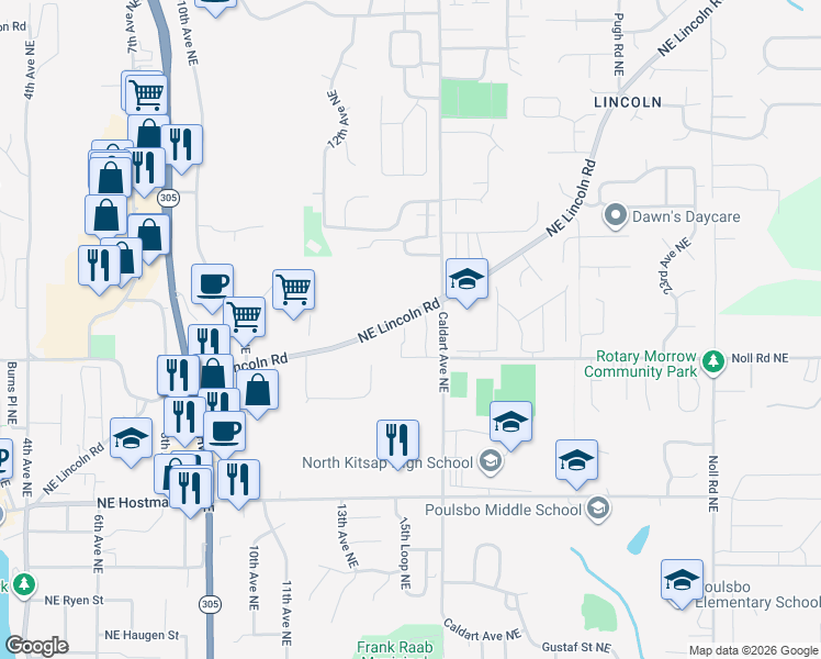 map of restaurants, bars, coffee shops, grocery stores, and more near 1500 Northeast Mesford Road in Poulsbo