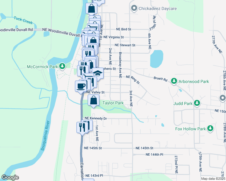 map of restaurants, bars, coffee shops, grocery stores, and more near 26609 Northeast Valley Street in Duvall