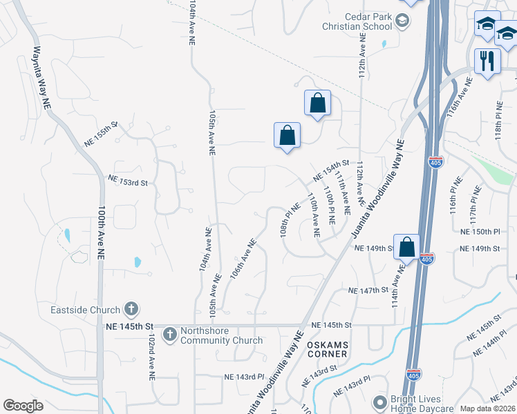 map of restaurants, bars, coffee shops, grocery stores, and more near 15006 106th Avenue Northeast in Bothell