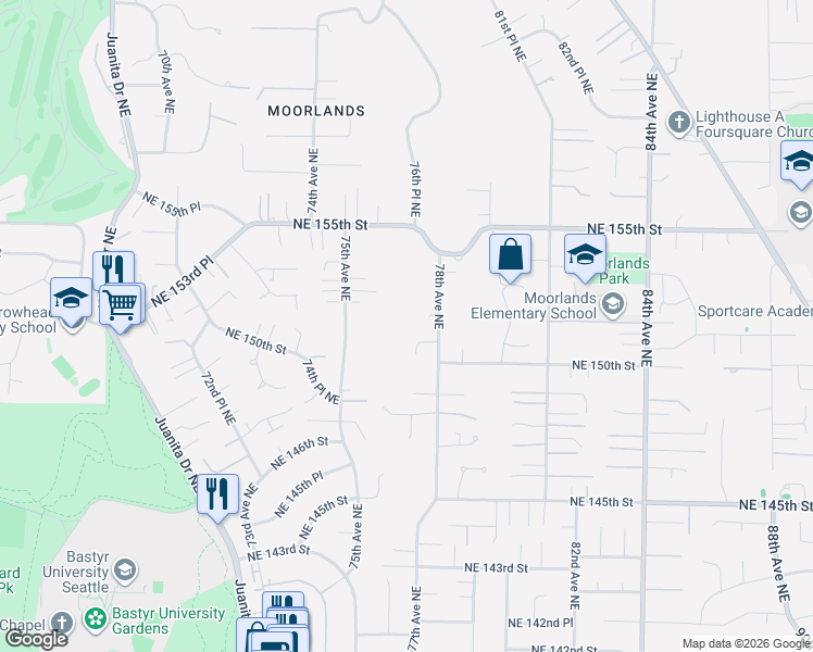 map of restaurants, bars, coffee shops, grocery stores, and more near 7725 Northeast 151st Lane in Kenmore
