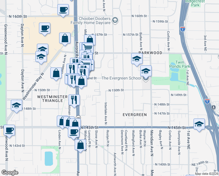 map of restaurants, bars, coffee shops, grocery stores, and more near 14855 Ashworth Avenue North in Shoreline