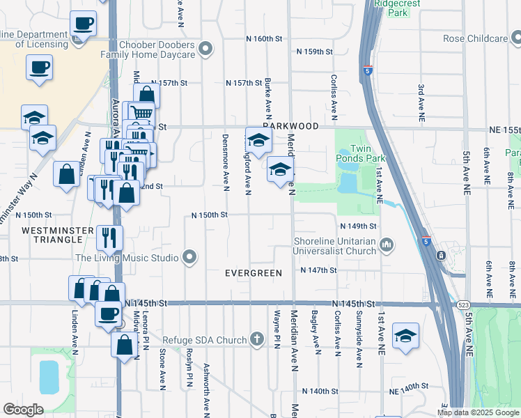 map of restaurants, bars, coffee shops, grocery stores, and more near 1830 North 150th Street in Seattle