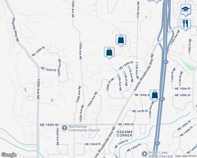map of restaurants, bars, coffee shops, grocery stores, and more near 10554 Northeast 150th Court in Bothell
