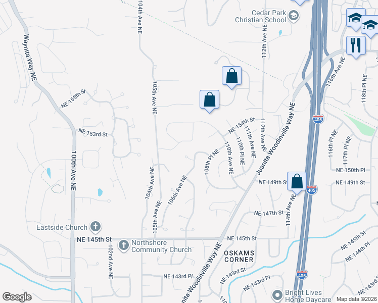 map of restaurants, bars, coffee shops, grocery stores, and more near 15006 106th Avenue Northeast in Bothell