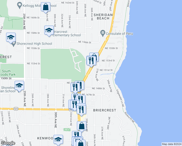 map of restaurants, bars, coffee shops, grocery stores, and more near 14820 Bothell Way Northeast in Seattle