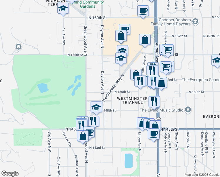 map of restaurants, bars, coffee shops, grocery stores, and more near 14920 Westminster Way North in Shoreline