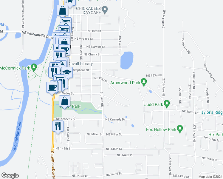 map of restaurants, bars, coffee shops, grocery stores, and more near 15218 3rd Place Northeast in Duvall