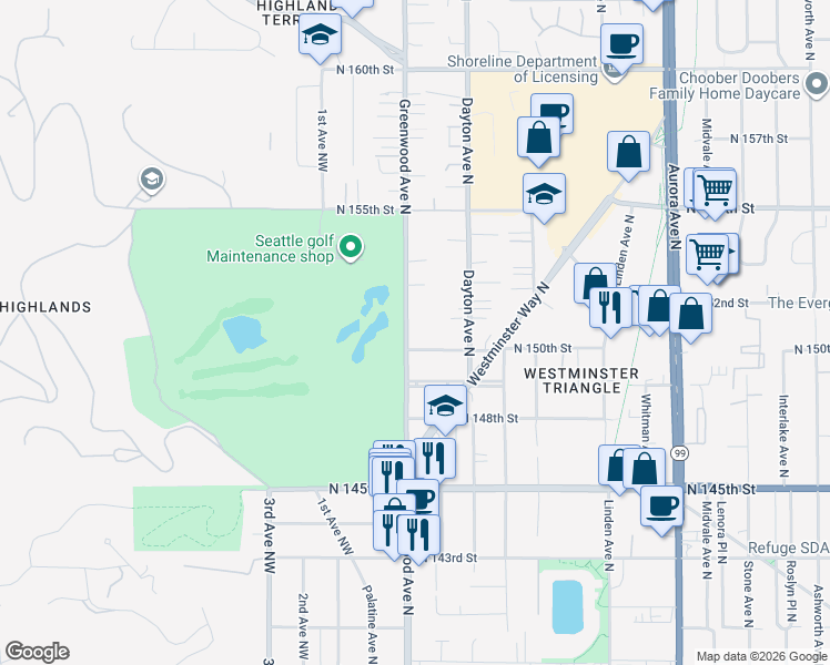 map of restaurants, bars, coffee shops, grocery stores, and more near 317 North 150th Street in Shoreline