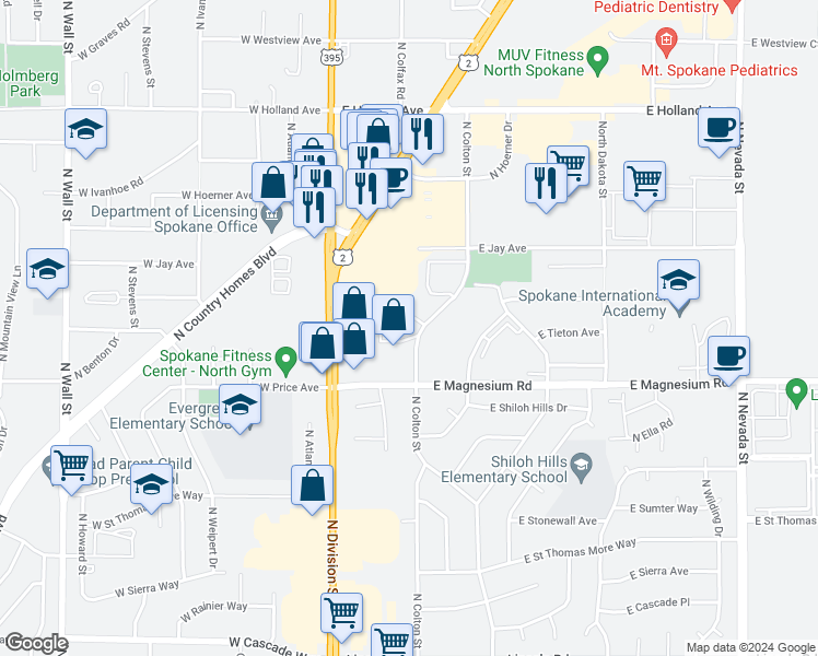 map of restaurants, bars, coffee shops, grocery stores, and more near 8732 North Colton Street in Spokane