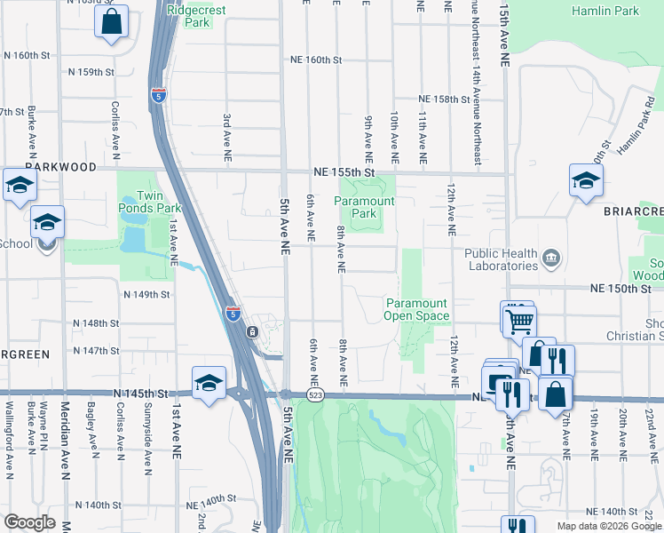 map of restaurants, bars, coffee shops, grocery stores, and more near 15103 8th Avenue Northeast in Shoreline