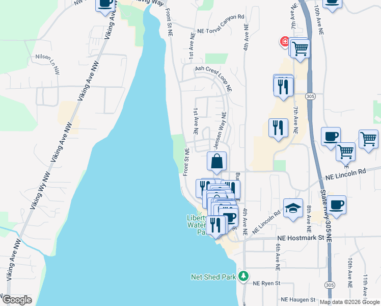 map of restaurants, bars, coffee shops, grocery stores, and more near 19332 Front Street Northeast in Poulsbo