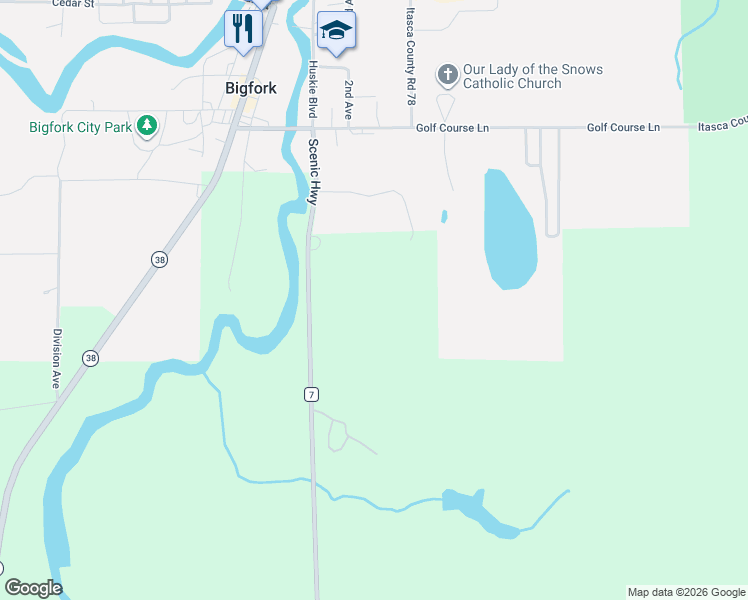 map of restaurants, bars, coffee shops, grocery stores, and more near 58992 Scenic Highway in Bigfork