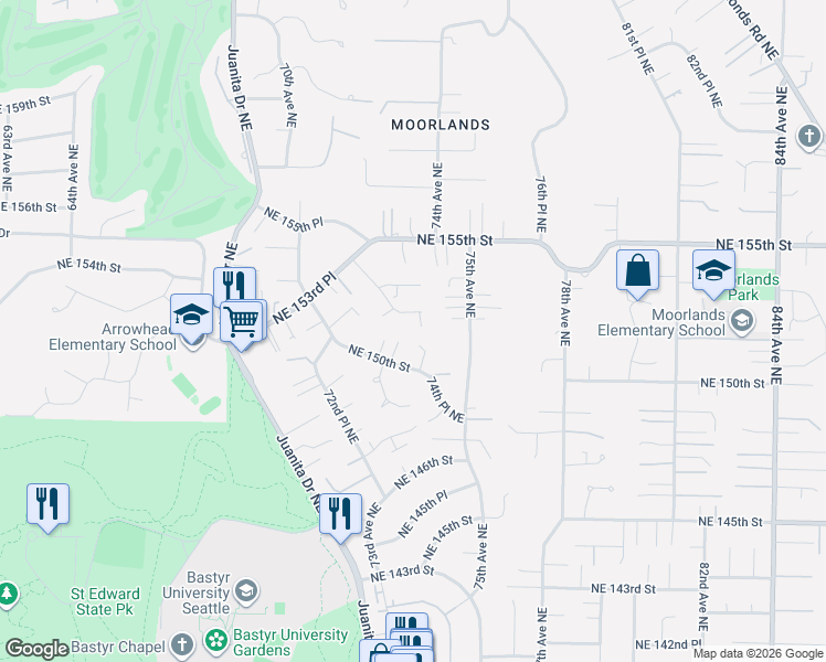 map of restaurants, bars, coffee shops, grocery stores, and more near 7234 Northeast 152nd Place in Kenmore