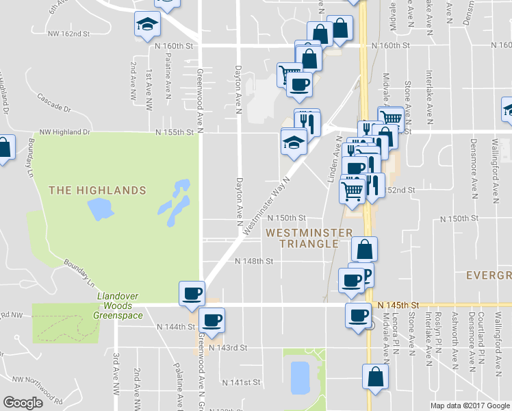 map of restaurants, bars, coffee shops, grocery stores, and more near 15021 Westminster Way North in Shoreline