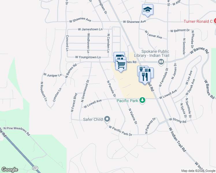 map of restaurants, bars, coffee shops, grocery stores, and more near 8817 North Pamela Street in Spokane