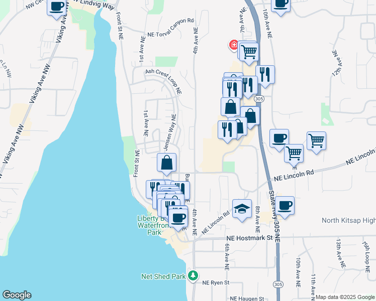 map of restaurants, bars, coffee shops, grocery stores, and more near 19392 Willet Lane in Poulsbo