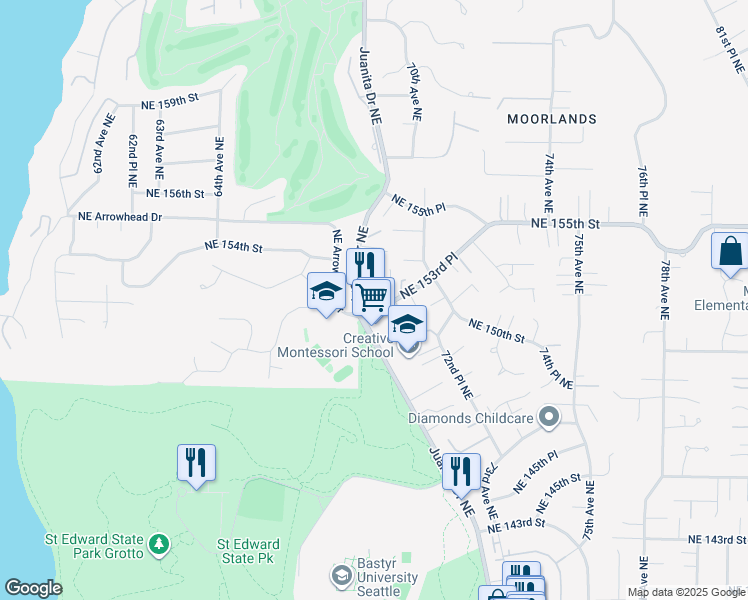 map of restaurants, bars, coffee shops, grocery stores, and more near 15310 Juanita Drive Northeast in Kenmore