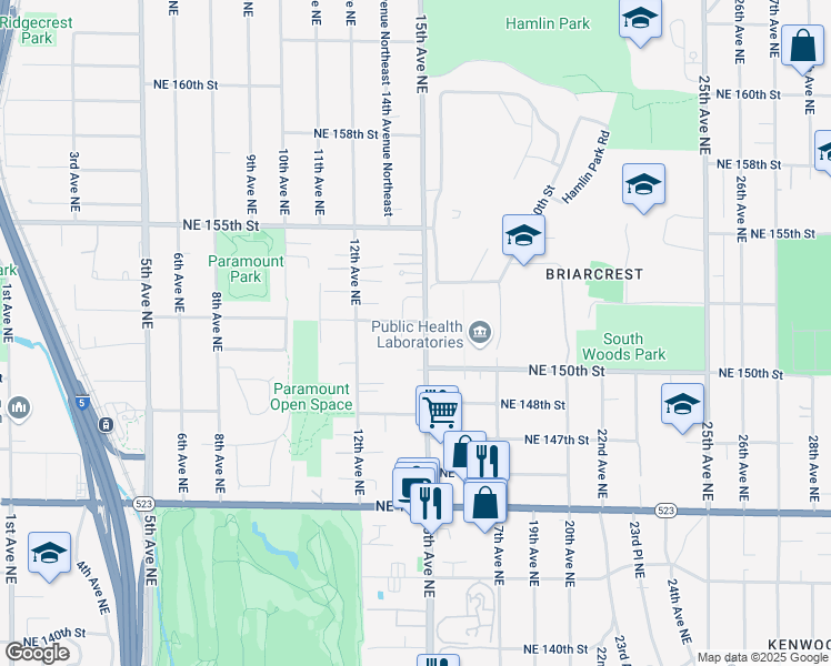 map of restaurants, bars, coffee shops, grocery stores, and more near 15211 15th Avenue Northeast in Shoreline